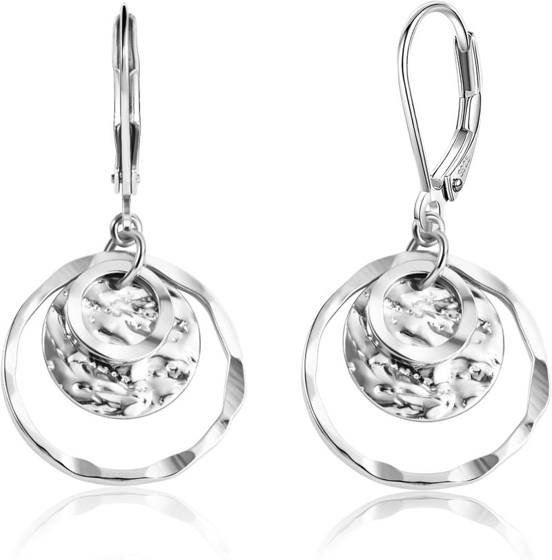 Lancharmed Sterling Silver Disc Leverback Earrings for Women Gold and Silver Circle Drop Dangle Earrings Jewelry Hypoallergenic Hammered Leverback Dangle Earrings for Gifts - Image 1